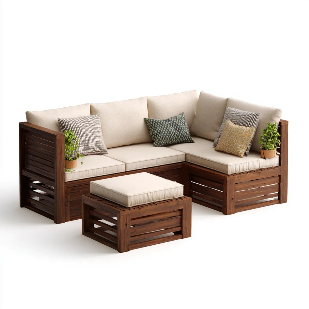 Sofa ogrodowa, Rożna sofa ogrodowa 5 foteli z brązowym i beżowym ottomanem 210 x 210 x 75 cm w litym drewnie akacyjnym