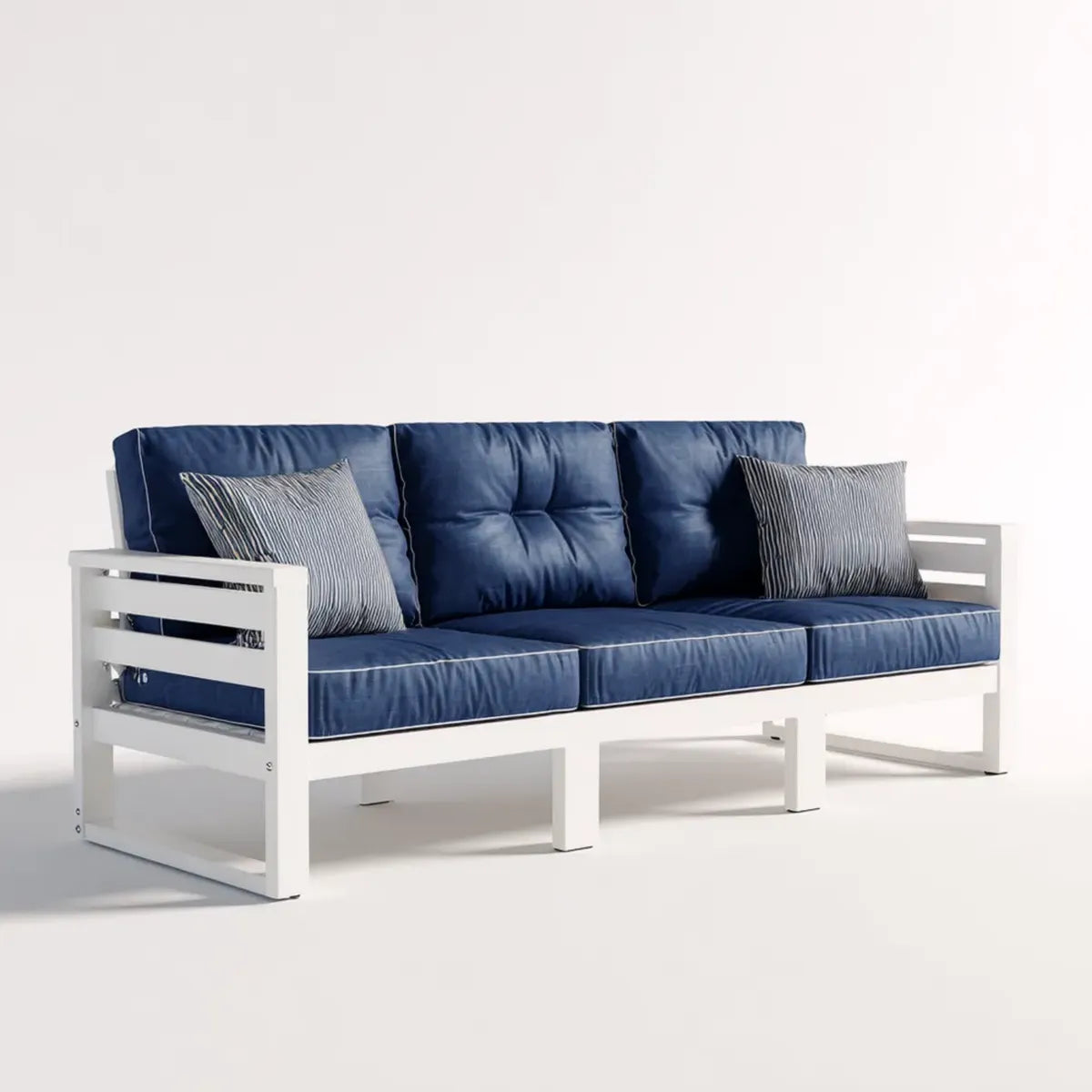 Sofa ogrodowa 3 białe i niebieskie miejsca 210 x 75 x 80 cm w aluminium z prostokątnymi poduszkami poliestrowymi