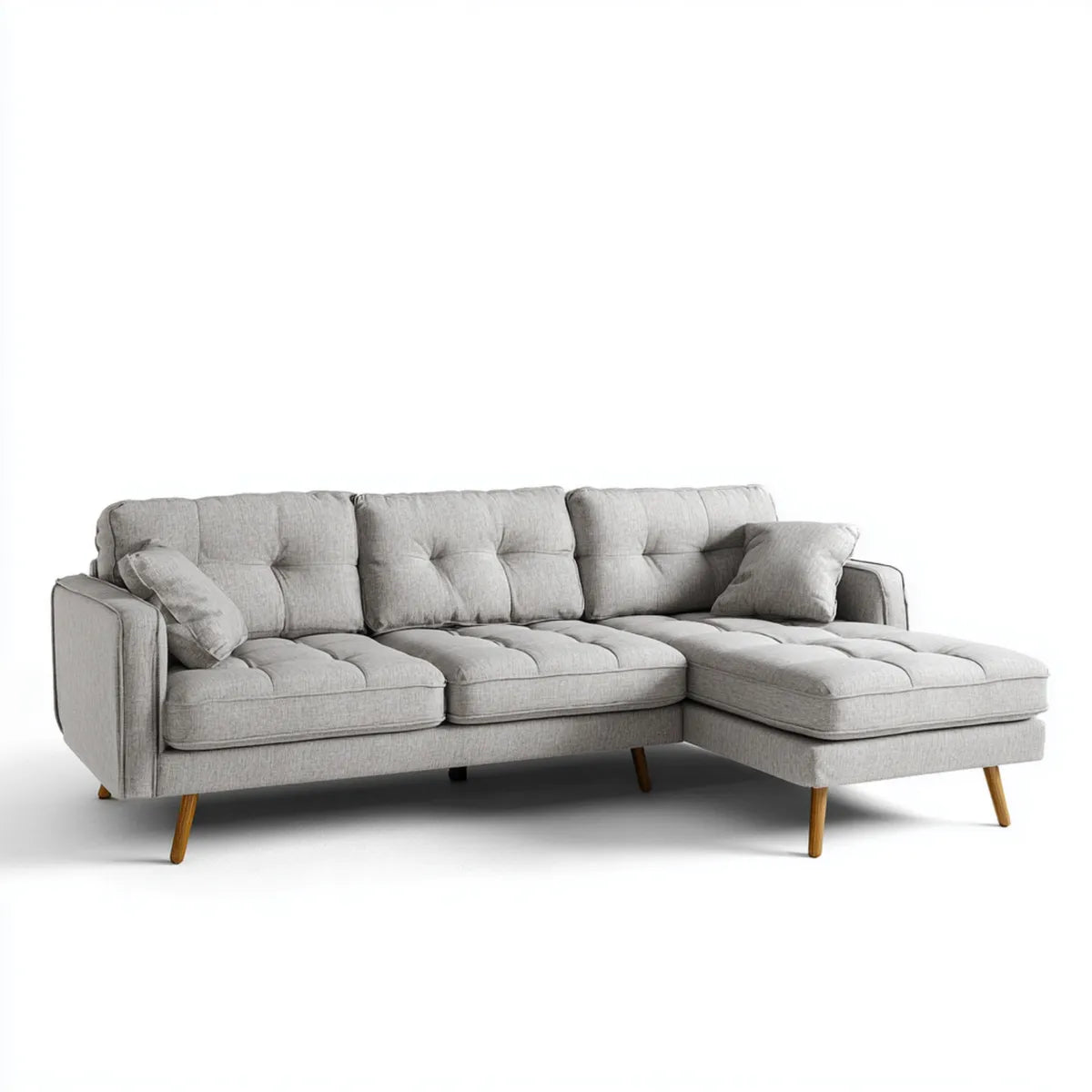 Sofa, Kanapa narożna z rekamerką o prawej, jasnoszarej, 240 x 155 x 85 cm, poliestrowe drewno lite