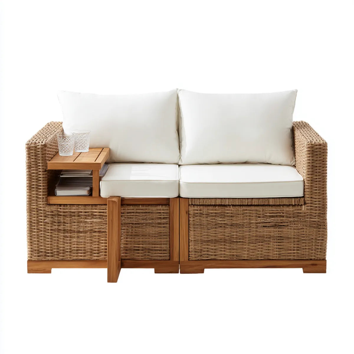 Sofa ogrodowa, Tapczan ogrodowy 2 beżowe i brązowe siedzenia 160 x 80 x 85 cm w naturalnym rattanie i litej akacji prostokątne drewno z boku tabeli