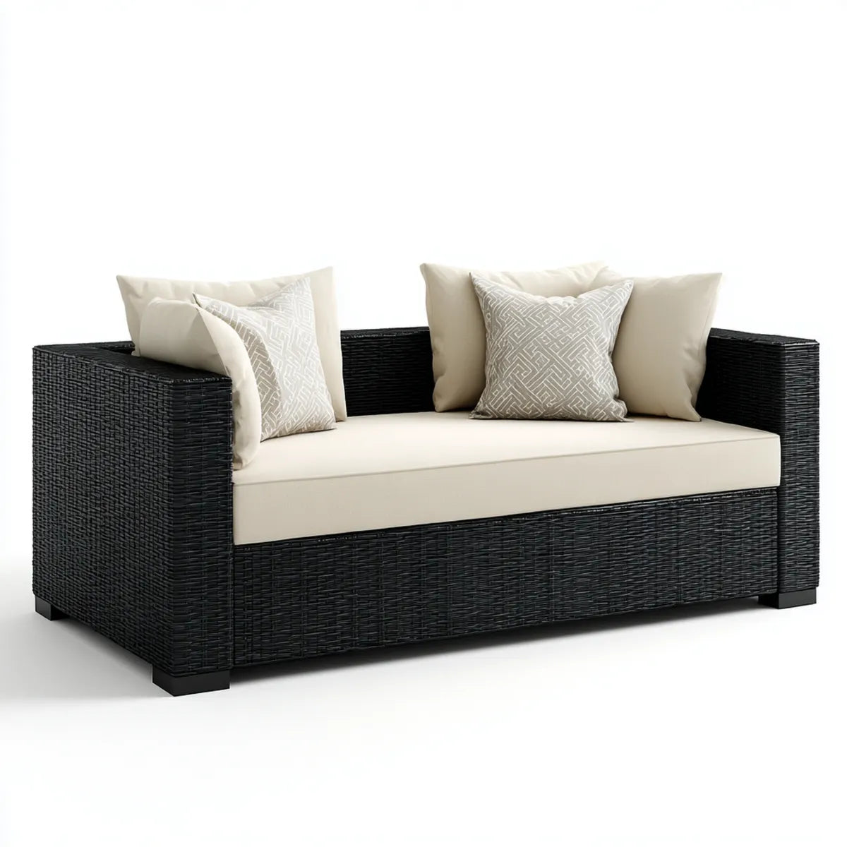 Sofa ogrodowa 2 czarne siedzenia i krem rattanowy PE 140 x 75 cm, 140 x 75 x 75 cm