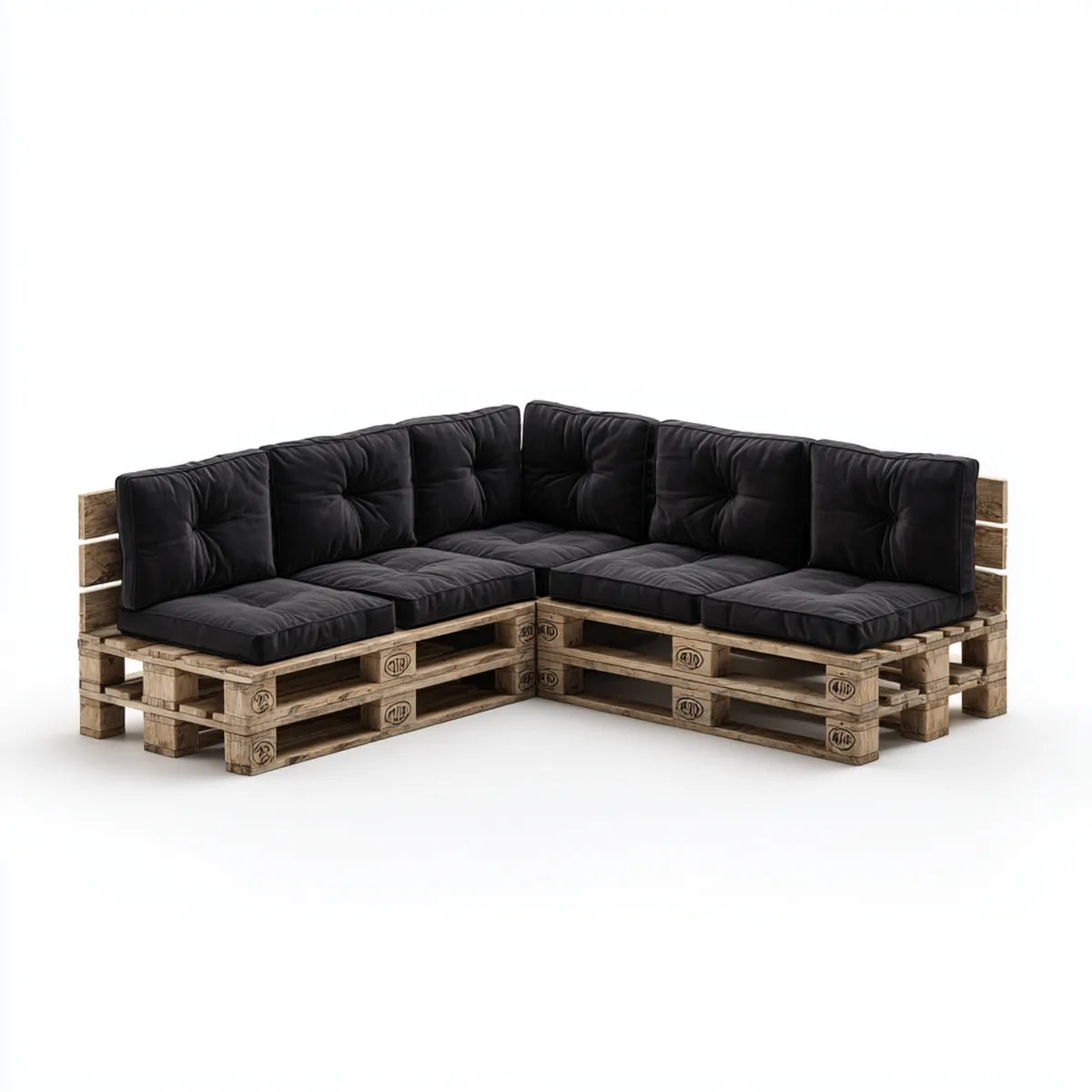 Sofa ogrodowa, Kanapa ogrodowa narożna 6 foteli czarnych i naturalnych 220 x 220 x 85 cm w sosnie litej z poduszkami poliestrowymi