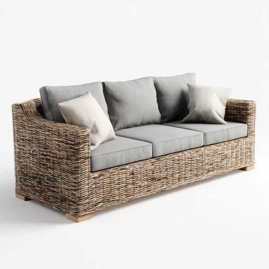 Sofa ogrodowa, Taras sofa 3-fotelik Naturalna szary z rattanu z poliestrową tapicerką 220 x 90 x 85 cm