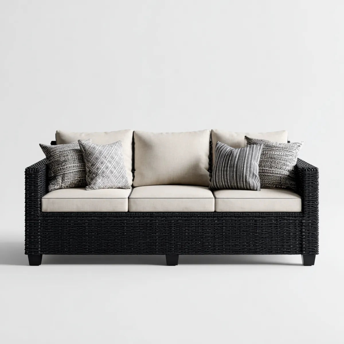 Sofa ogrodowa, 3 fotela czarna i beżowa sofa rattanowa PE 220 x 85 cm prostokątna, 220 x 85 x 85 cm