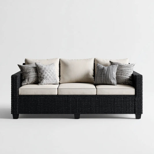 Sofa ogrodowa, 3 fotela czarna i beżowa sofa rattanowa PE 220 x 85 cm prostokątna, 220 x 85 x 85 cm