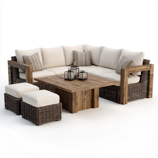 Sofa ogrodowa, Kącik ogrodowy 4 kawałki beżowe i brązowe w litym drewnie akacji i rattan 220 x 220 cm