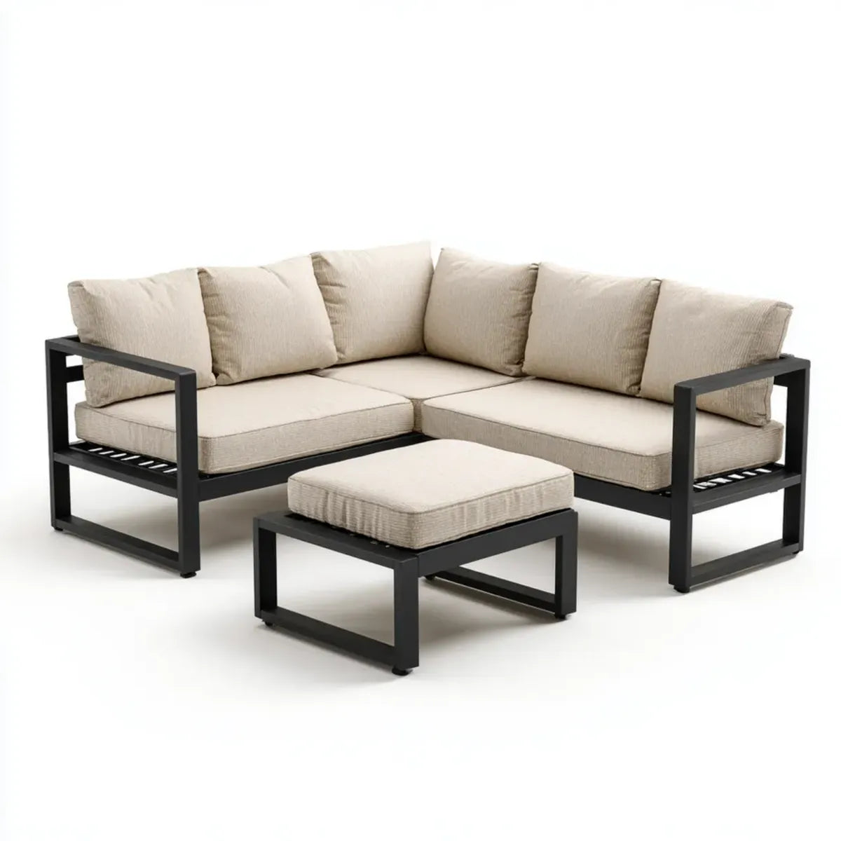 Sofa ogrodowa, Ustaw kanapę narożną z czarnym i beżowym ottomanem w stali i poliestrze 200 x 200 x 65 cm