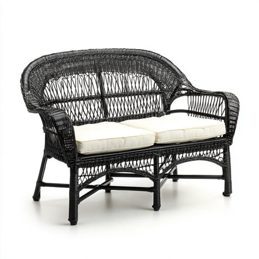 Sofa ogrodowa, Tapczan ogrodowy 2 fotele czarne w rattanie PE z poduszek kremowych 120 x 65 x 85 cm
