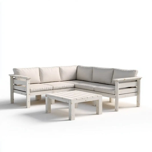 Sofa ogrodowa, Ustaw kanapę narożną ogrodową z białym stołem w litej sosnie 217 x 217 cm stół 90 x 55 cm
