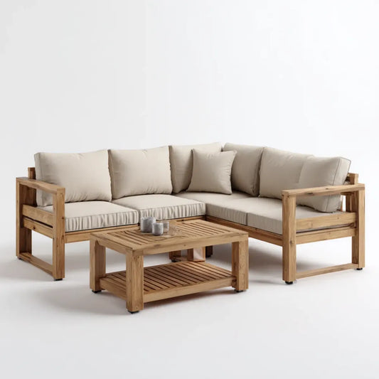 Sofa ogrodowa, Zestaw narożnik ogrodowy 3 kawałki beżu w akacji litego drewna z tabeli 225 x 150 cm