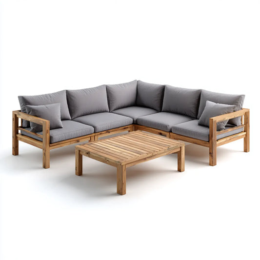 Sofa ogrodowa, Zestaw narożnik ogrodowy 5 miejsc szary i akacia stały 250 x 250 x 75 cm z prostokątnym stołem