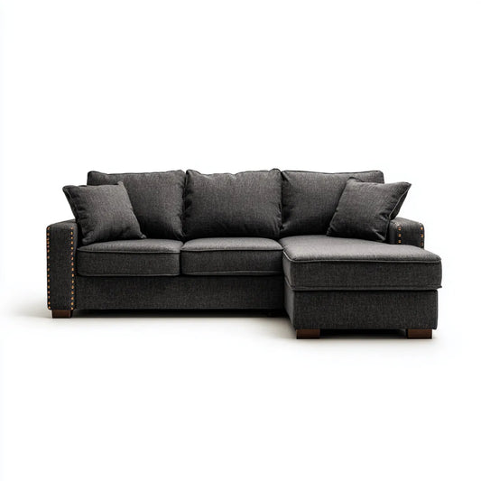 Sofa, narożna sofa 3- fotelik z recamer prawo ciemnoszary 250 x 160 x 90 cm poliester prostokątna