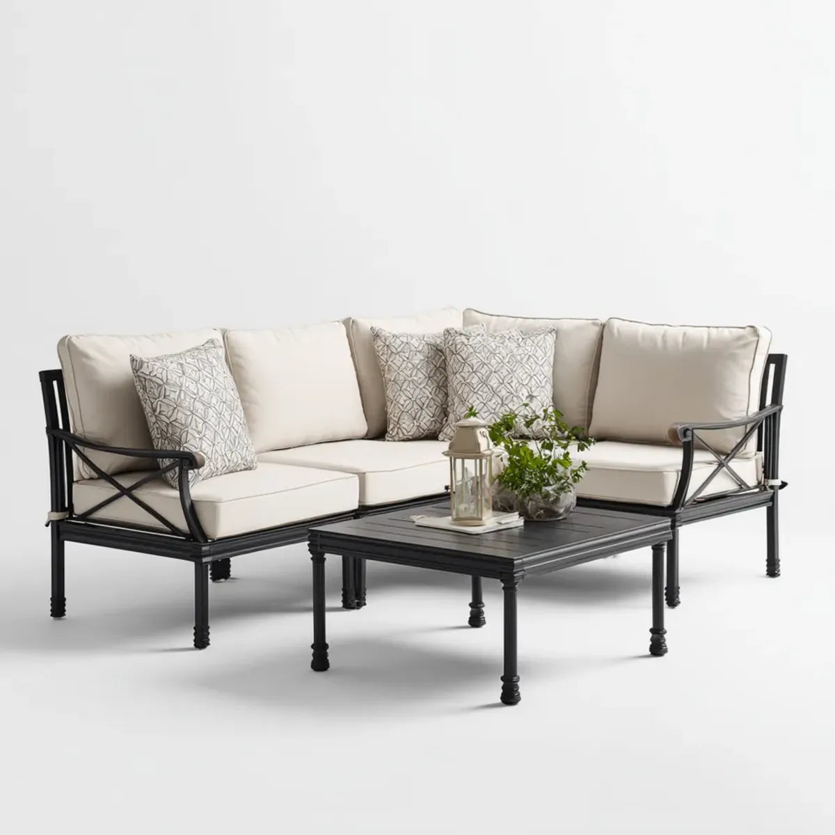 Sofa ogrodowa, Zestaw czarnej, kątowej sofy ogrodowej i stali z kości słoniowej z prostokątnym stołem 250 x 190 x 80 cm