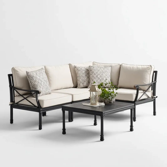 Sofa ogrodowa, Zestaw czarnej, kątowej sofy ogrodowej i stali z kości słoniowej z prostokątnym stołem 250 x 190 x 80 cm
