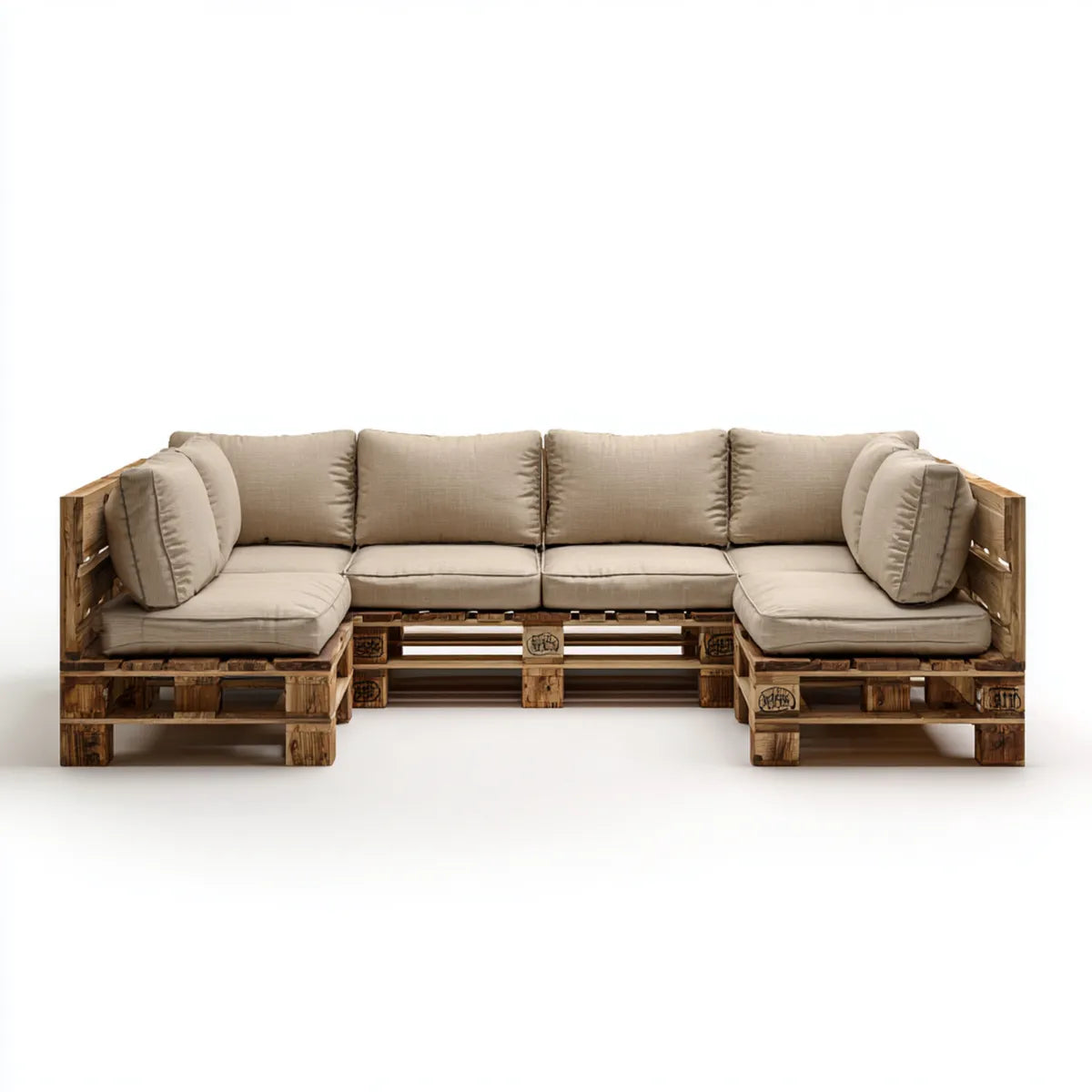 Sofa ogrodowa, Modułowa kanapa ogrodowa w kształcie litery Utuszu w naturalnej, stałej sosnie z beżowymi poduszkami 300 x 80 x 70 cm