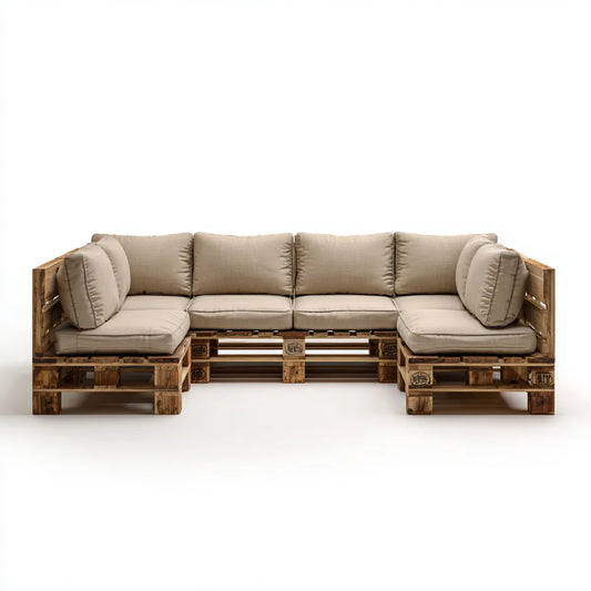 Sofa ogrodowa, Modułowa kanapa ogrodowa w kształcie litery Utuszu w naturalnej, stałej sosnie z beżowymi poduszkami 300 x 80 x 70 cm