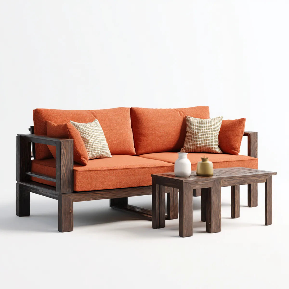 Sofa ogrodowa, Zestaw kanapa ogrodowa 2 pomarańczowe fotele z 2 stołami w litym drewnie akacjowym 170 x 75 x 76 cm
