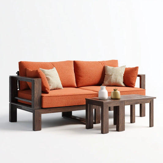Sofa ogrodowa, Zestaw kanapa ogrodowa 2 pomarańczowe fotele z 2 stołami w litym drewnie akacjowym 170 x 75 x 76 cm