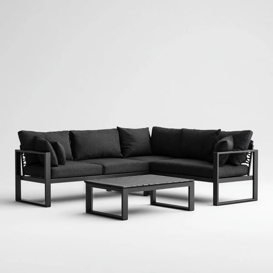 Sofa ogrodowa, Zestaw foteli ogrodowych z fotelami z prostokątnym stołem 250 x 180 cm w aluminium i poliestrze