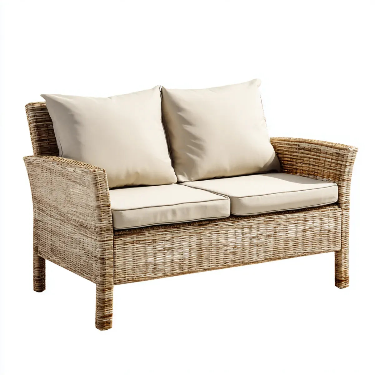 Sofa ogrodowa, Tapczan ogrodowy 2 beżowe siedzenia 130 x 75 x 85 cm w naturalnych prostokątnych rattanowych z poduszkami