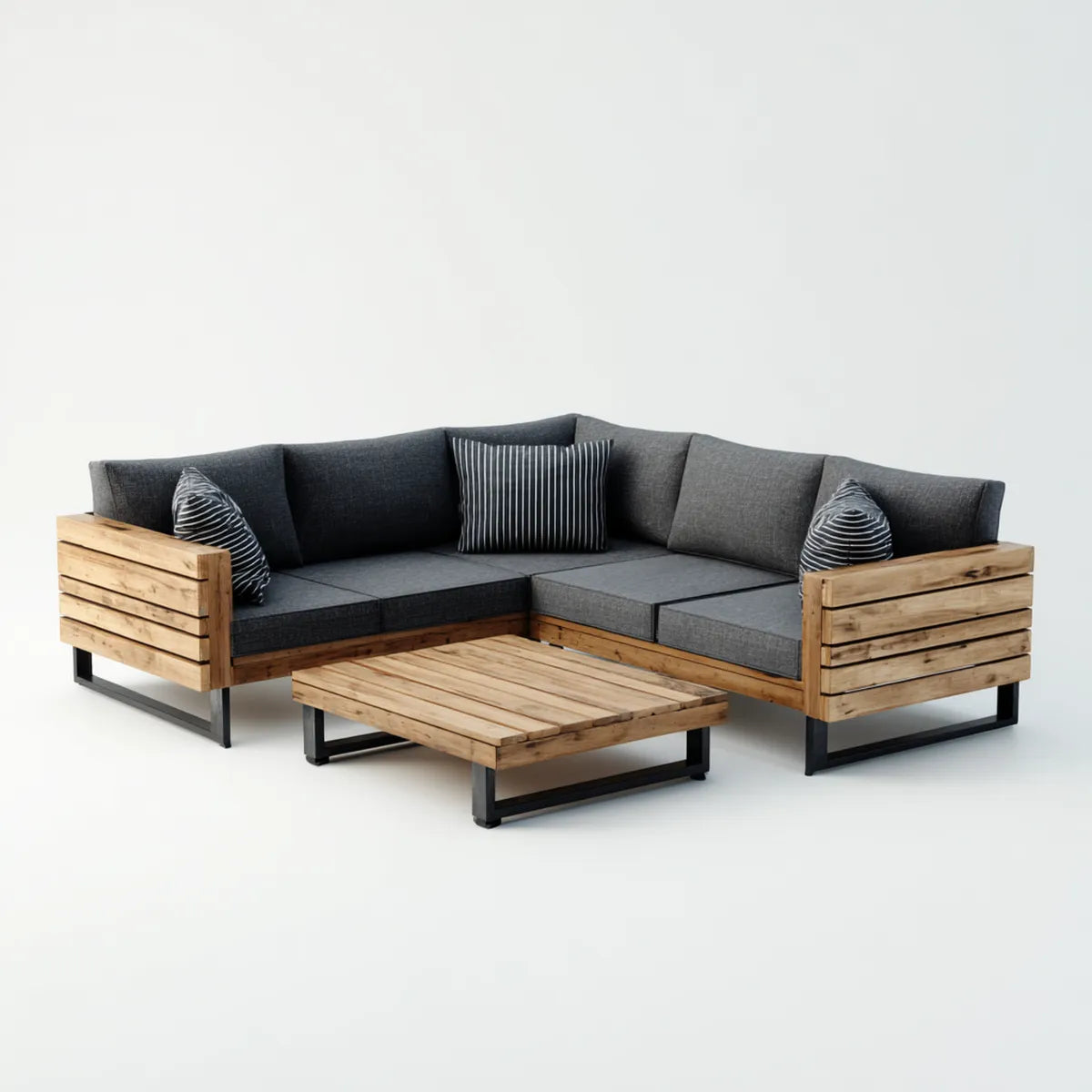 Sofa ogrodowa, Ustaw narożną sofę ogrodową z szarym stołem antracytu w litym drewnie akacyjnym 220 x 220 cm