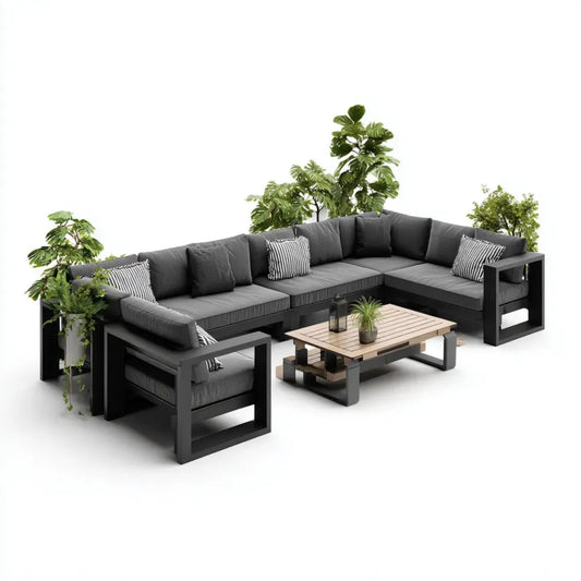 Sofa ogrodowa, Zestaw kątowej sofy ogrodowej 6 foteli czarno-szarych 300 x 220 x 68 cm w aluminium i akacji