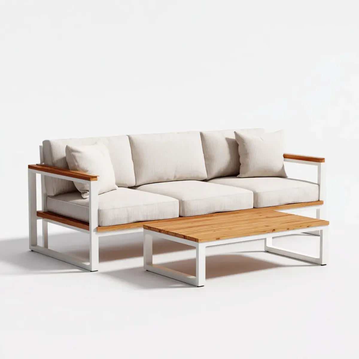 Sofa ogrodowa, Zestaw kanapa ogrodowa 3 siedzenia z białym i naturalnym stołem w akacji i poliester 210 x 80 x 70 cm