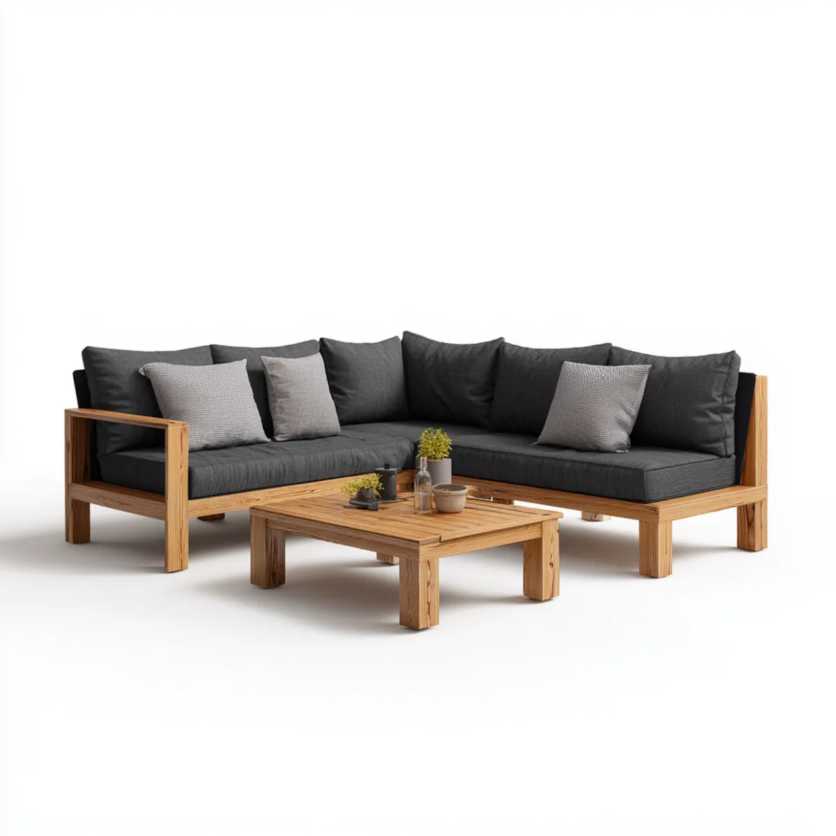 Sofa ogrodowa, Kącik ogrodowy 5 miejsc w litym naturalnym drewna akacjowym z szarym antracytem poduszki 220 x 220 x 70 cm i prostokątna stół