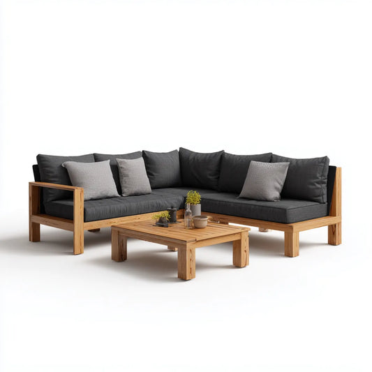 Sofa ogrodowa, Kącik ogrodowy 5 miejsc w litym naturalnym drewna akacjowym z szarym antracytem poduszki 220 x 220 x 70 cm i prostokątna stół