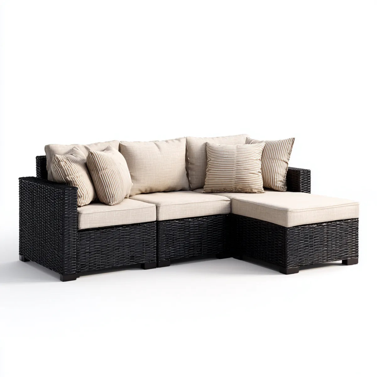 Sofa ogrodowa, Modułowa Sofa w rogu Ogrodu 3 kawałki czarny i beżowy w rattan PE 210 x 140 x 65 cm