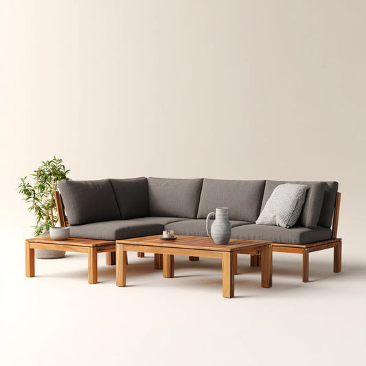 Sofa ogrodowa, Zestaw narożnik ogrodowy sofa 4 fotele szare w akacji lite drewno z tabeli 240 x 180 x 75 cm