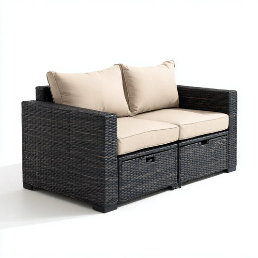 Sofa ogrodowa, Tapczan ogrodowy 2 ratan czarny i beżowy PE z poduszkami prostokątnymi 132 x 70 x 78 cm