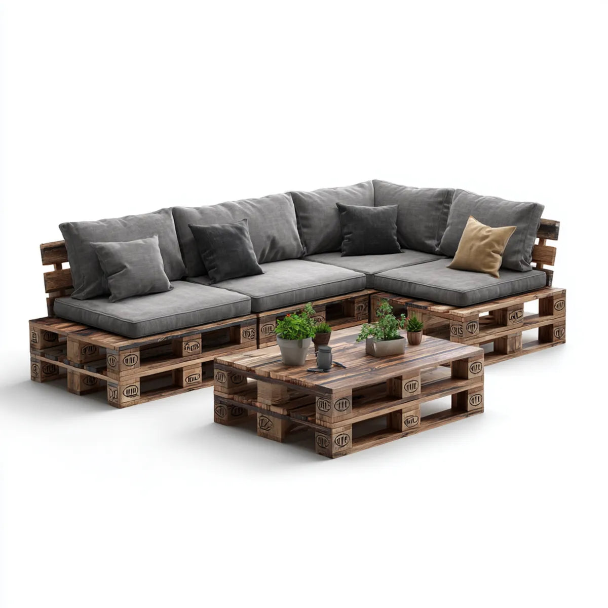 Sofa ogrodowa, Zestaw narożnej sofy ogrodowej w kształcie litery L w brązowym drewnie z szarymi poduszkami 240 x 180 x 70 cm