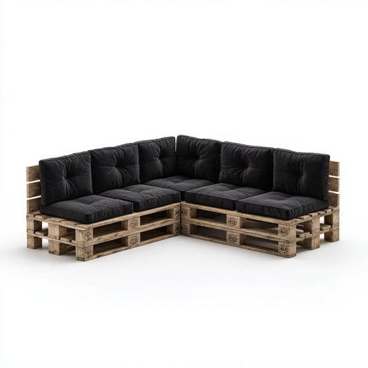 Sofa ogrodowa, Kanapa ogrodowa narożna 6 foteli czarnych i naturalnych 220 x 220 x 85 cm w sosnie litej z poduszkami poliestrowymi