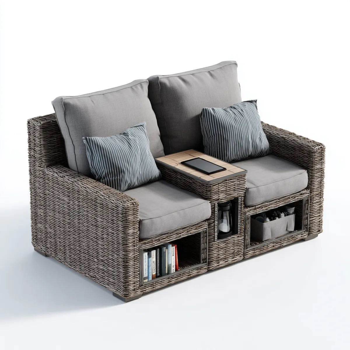 Sofa ogrodowa, Tafla ogrodowa 2 fotele szare w polirattanie PE z centralnym stołem i schowkami 160 x 80 x 85 cm