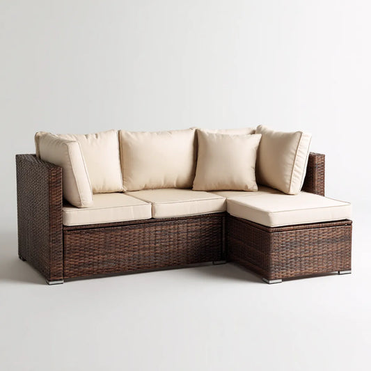 Sofa ogrodowa, Rożna sofa ogrodowa 2 brązowe i beżowe miejsca w rattanie PE 150 x 80 x 65 cm
