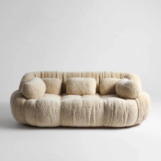 Sofa, 3-osobowa kanapa śmietana 220 x 100 x 75 cm poliestrowy bookle zaokrąglony kształt