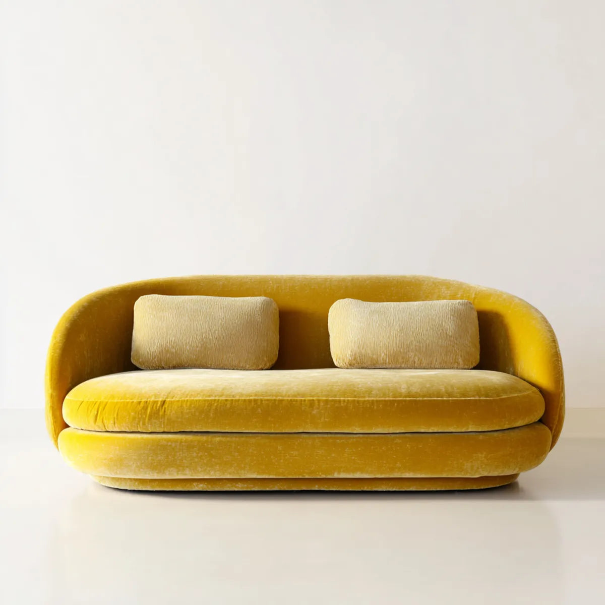 Sofa, 2-fotela żółta z poliestrowego aksamitu z 2 poduszkami 180 x 95 x 75 cm zaokrąglony kształt