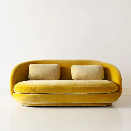 Sofa, 2-fotela żółta z poliestrowego aksamitu z 2 poduszkami 180 x 95 x 75 cm zaokrąglony kształt